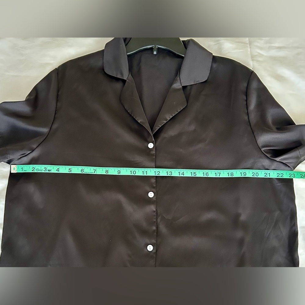 Women's Black Satin Ruffle Shorts Set - Classic Lounge Top & Shorts - Picture 7 of 9